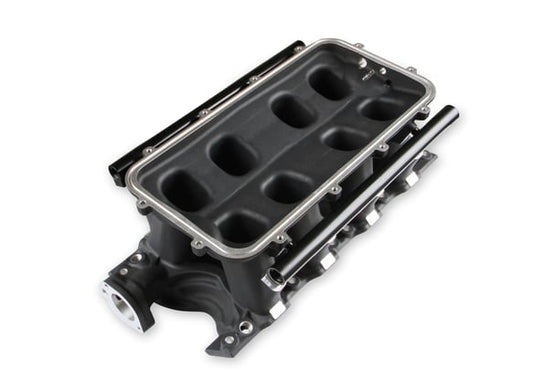HOLLEY EFI 8.2 DECK SBF FORD HI-RAM EFI MANIFOLD WITH SIDE MOUNT TOP-BLACK with 95mm 1986-95 Ford 5.0 Throttle Body Flange